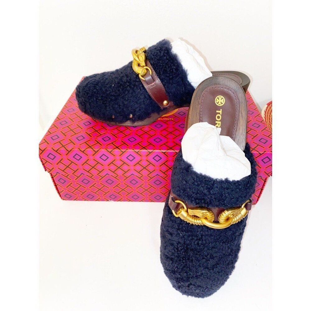 Tory Burch Jessa Shearling Clog Navy With Gold Logo Plum Leather Trim Size 6 - Picture 3 of 7